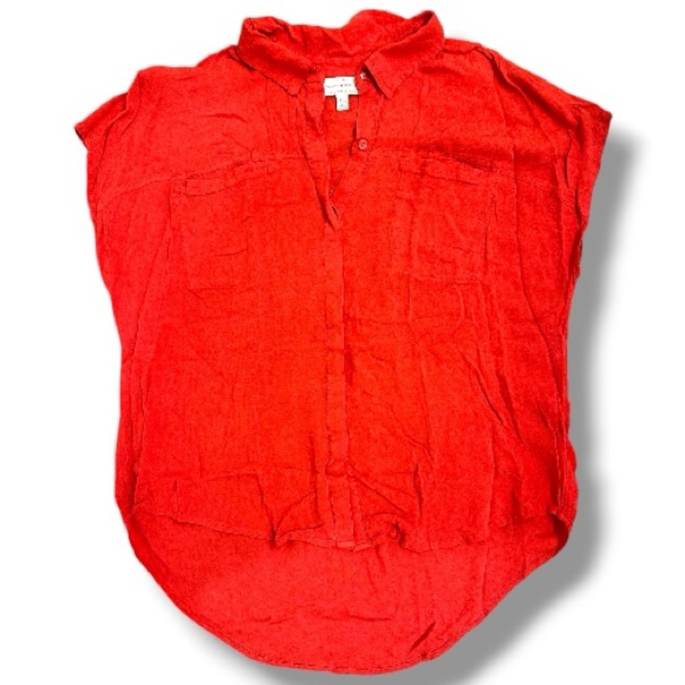 Lucky Brand Red Orange Blouse Size Large Flowy Short Sleeve Button Front Top